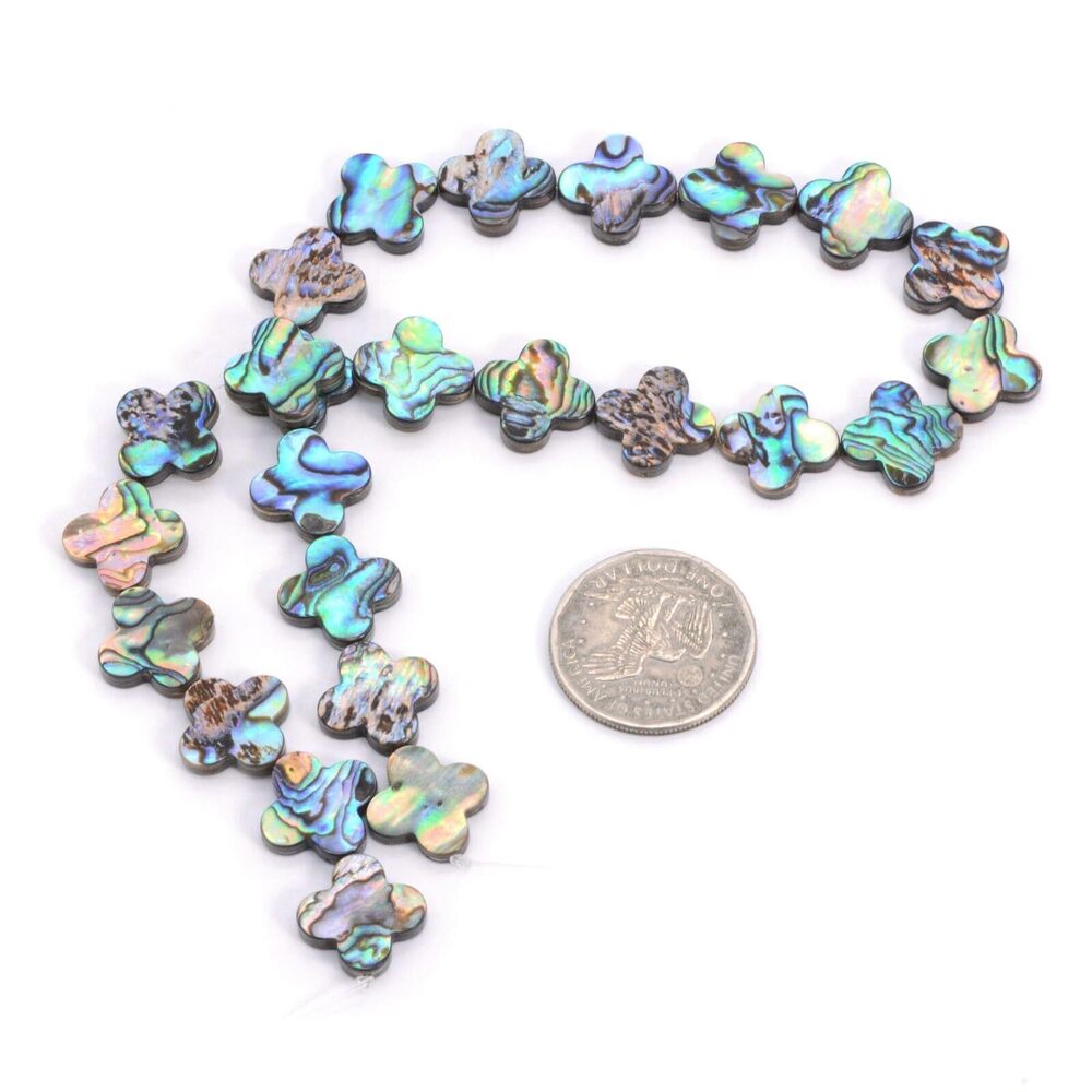 6237 Natural Abalone Shell 16mm Flat Four Leaf Clover Loose Beads Strand - Picture 2 of 4